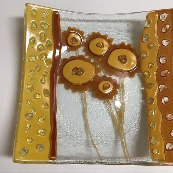 ETERNO Fused Art Glass Trinket Tray Dish Studio Handmade MCM Mod Sunflowers Gold - Picture 5 of 12